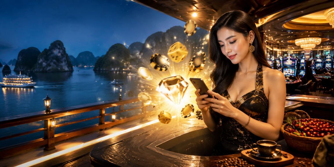 Người dùng Hạ Long uống cà phê và theo dõi khuyến mãi casino trên điện thoại với cảnh vịnh phía sau